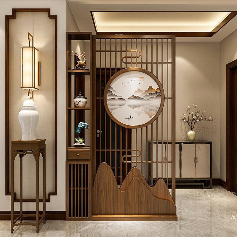 New Chinese-style Solid Wood Screen Grille Entrance Cabinet Living Room Household Right-facing Door Entrance Door Shaded Entrance Partition