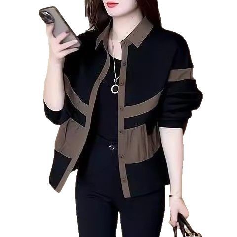 Cross-border Spring and Autumn New Loose Slim Contrast Women's Thin Coat Top Polo Collar Stitching Fashionable Age-reducing Jacket