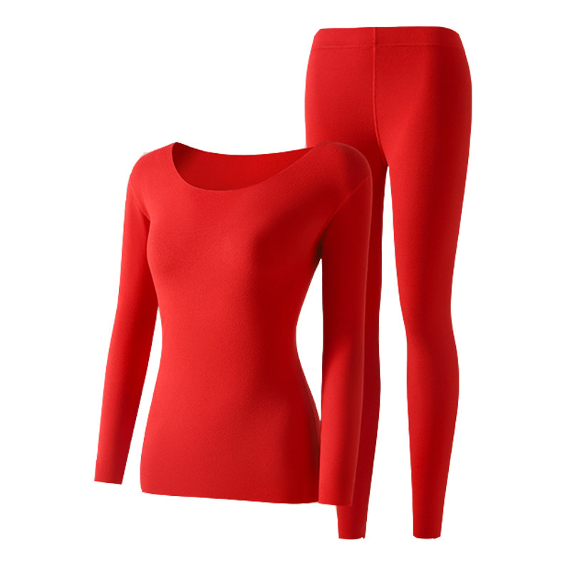 Autumn and Winter Red Seamless Double-Sided Brushed Thermal Underwear Wedding Festive Thermal Top and Pants Set for Women