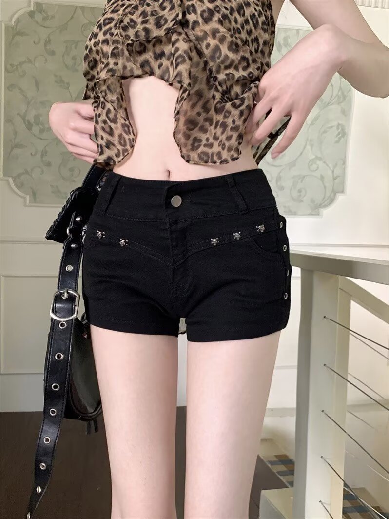 American Style High Street Hot Girl Stud Denim Shorts High Waist Slim-Fit Slimming All-Match Straight Hip Short Hot Pants