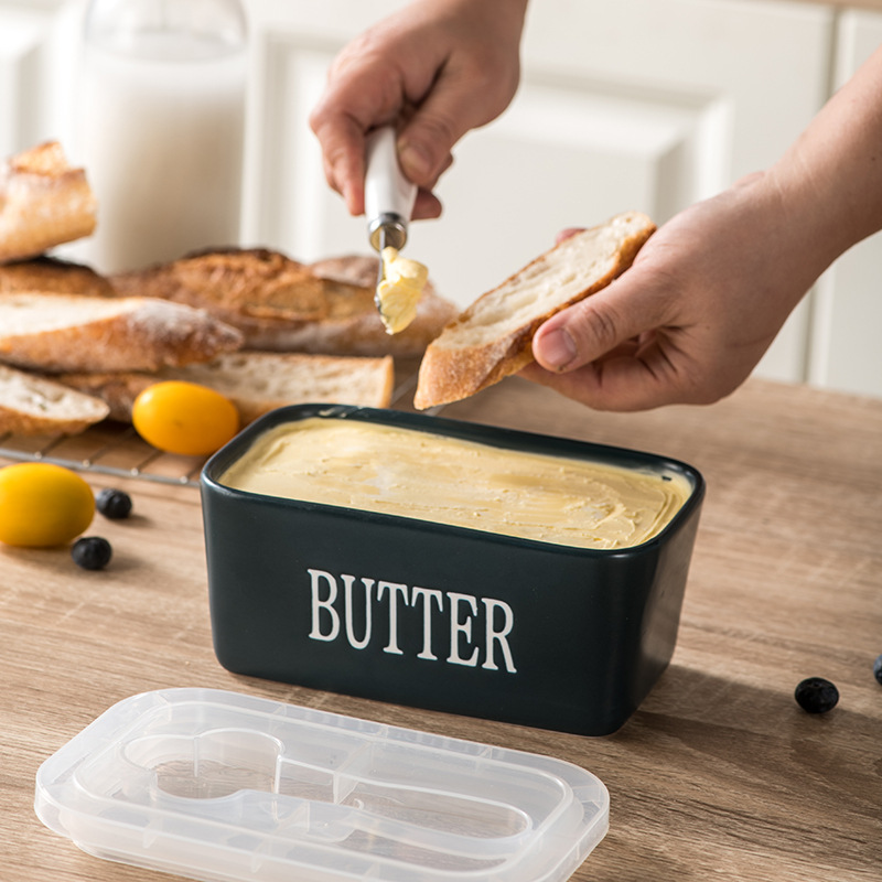 Visual butter box refrigerated box with knife ceramic rectangular butter dish with wooden lid cheese ceramic Butter Box