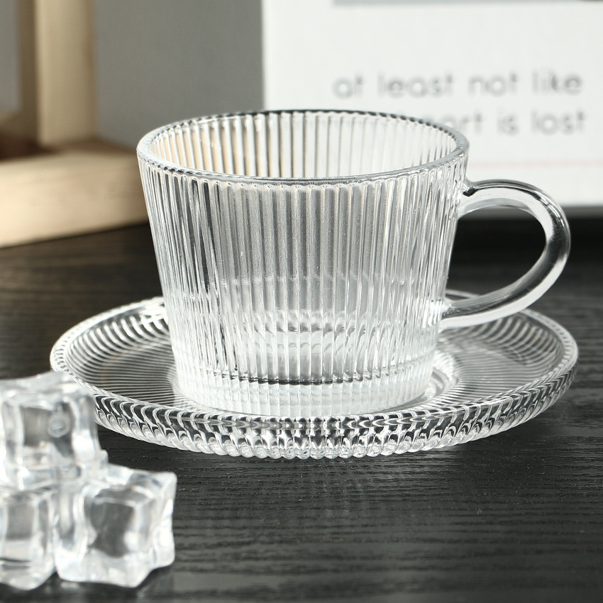 Чашка для чая и кофе красная, стеклянный набор, шесть чашек и шесть блюдец, вертикальный рельефный узор, чашка для кофе, черная чашка для чая