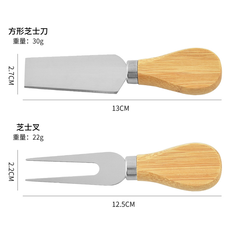 Factory in stock cheese knife 4-piece stainless steel butter knife pizza knife oak handle cheese cheese knife and fork