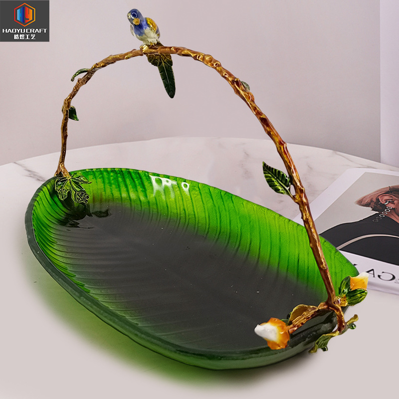 European Style Luxury Enamel Color Fruit Basket American Style Villa Model Room Fruit Plate Ornaments Glazed Banana Leaf Decorative Tray