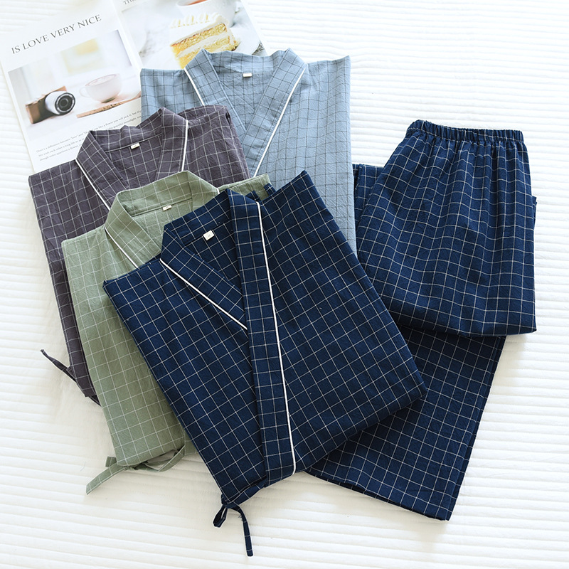 Summer New Couple Home Kimono Set Cotton Men's and Women's Spring and Autumn Thin Pajamas Factory Direct Supply