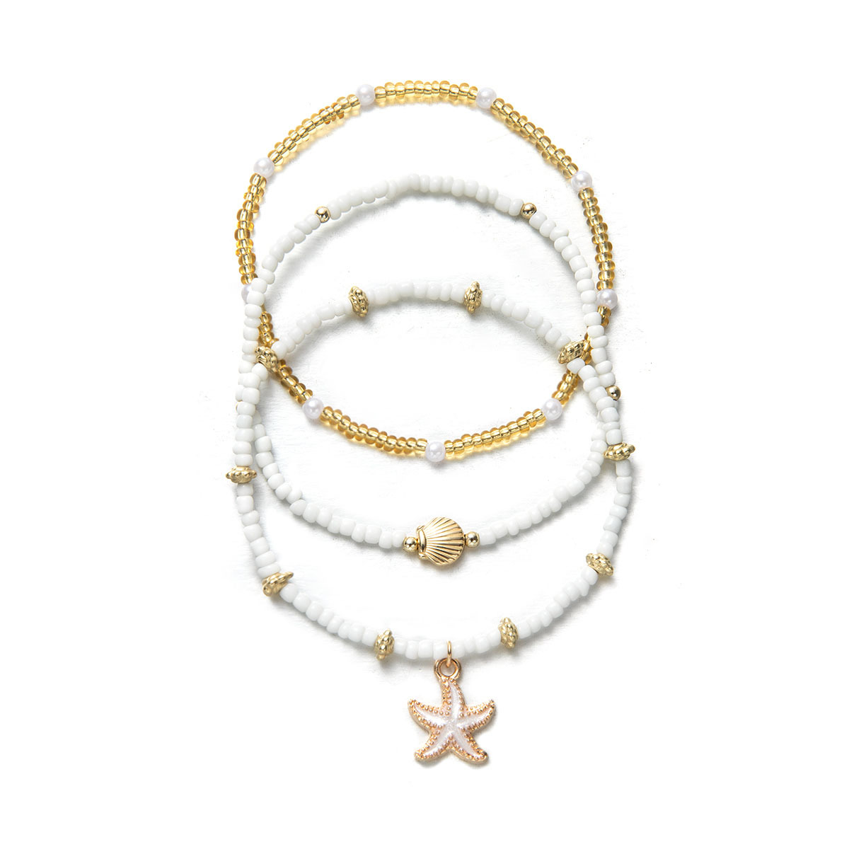 Cross-border Bohemian Ocean Style Alloy Starfish Scallop Pendant Pearl Rice Bead Elastic Women's Footlink 3-piece Set