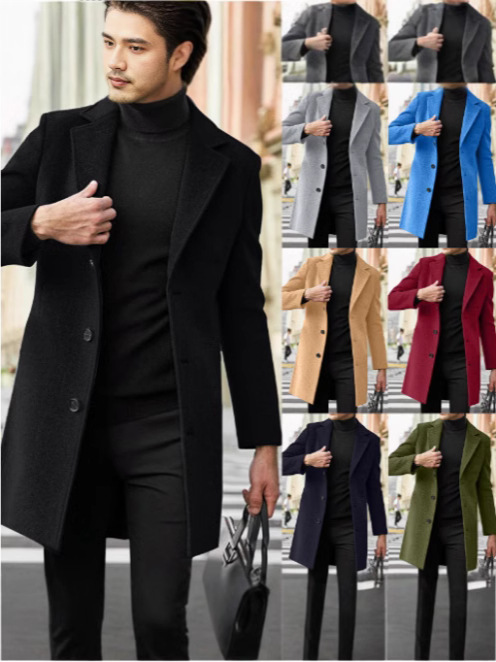 Кросс-бордерные продажи через Amazon, длинное шерстяное пальто с длинным рукавом для мужчин, осенне-зимнее, шерстяное, тренч-пальто