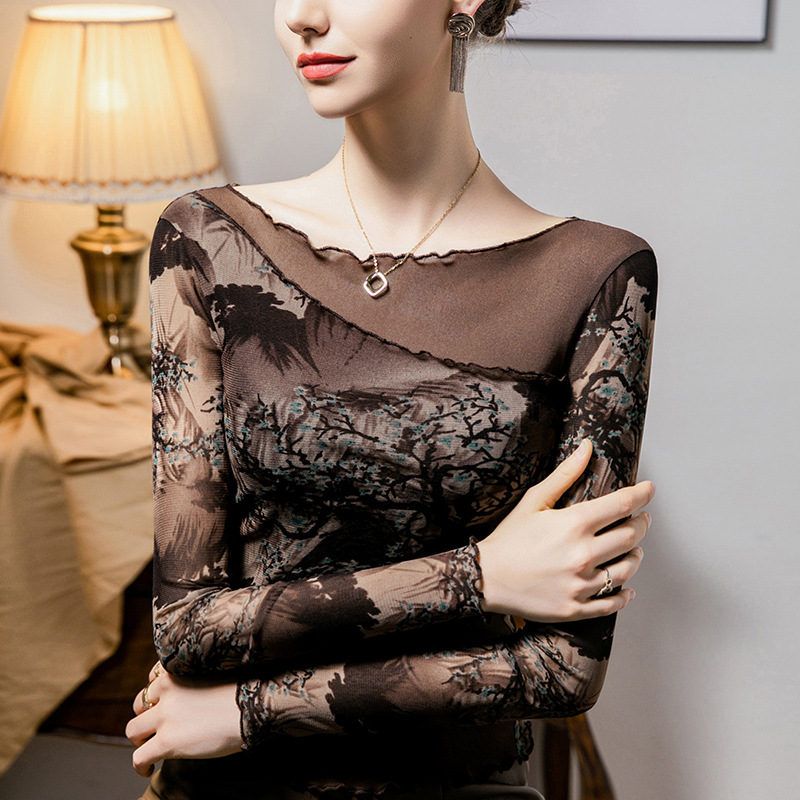 One-word Collar Vintage Printed Mesh Stitching Base Shirt Women's 2024 Autumn New Women's Fashionable Long-sleeved Top