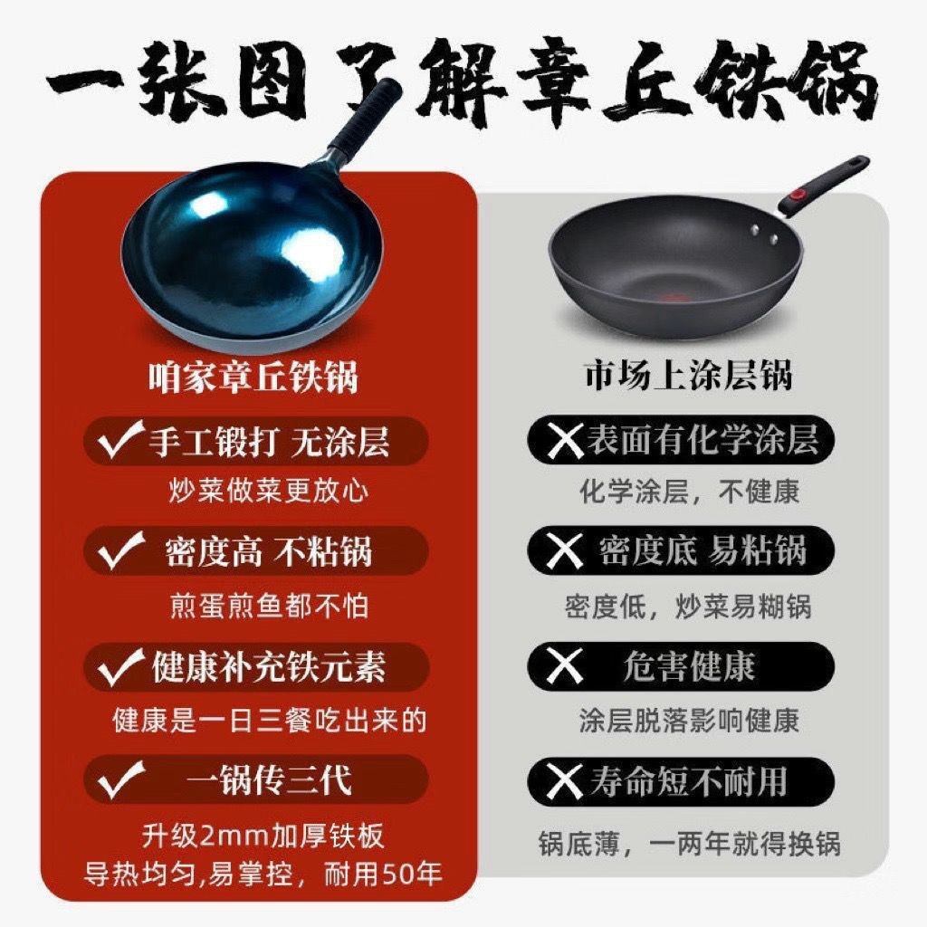 Household Zhangqiu Authentic Iron Pot Mirror Pot Uncoated Fish Scale Style Hand-Forged Pot 32cm Traditional Iron Pot