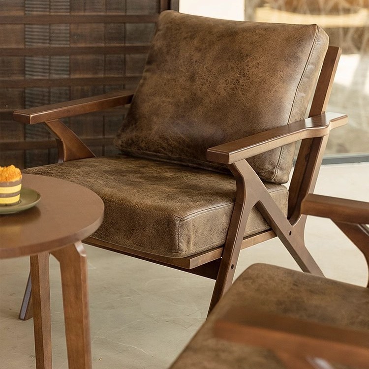 Vintage Bronzing Cloth Solid Wood Single Sofa Chair Restaurant Cafe Solid Wood Table and Chair Combination Household Living Room Leisure Chair