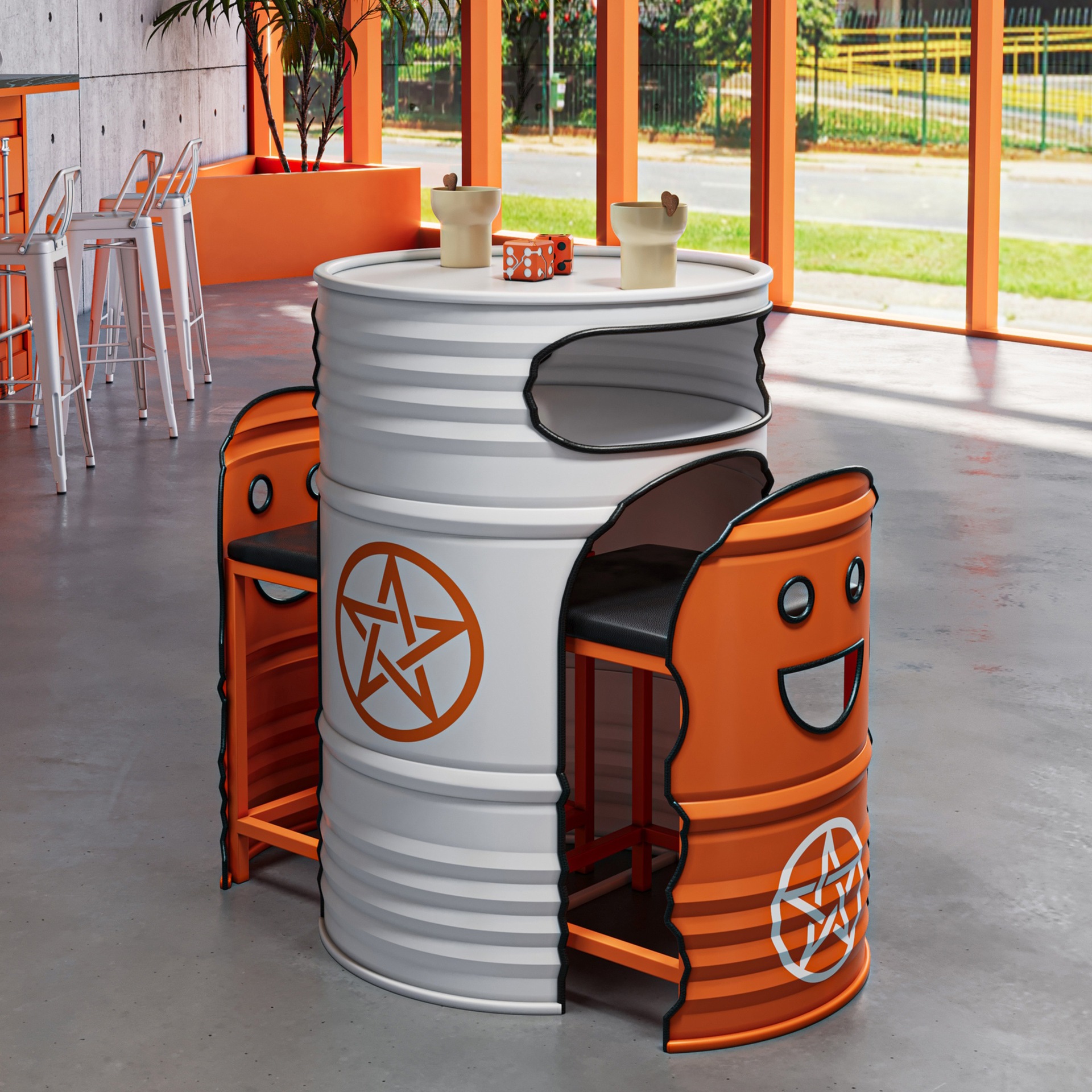 Trendy Milk Tea Coffee Bar Gym Billiard Room Shop Indoor and Outdoor Industrial Style Plastic Wood Oil Drum Table and Chairs Commercial Use