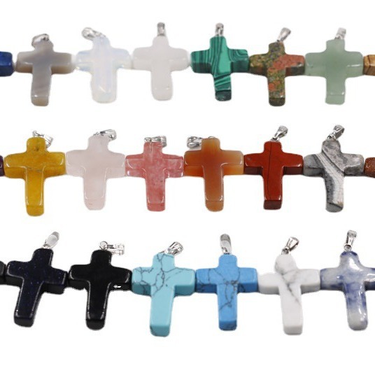 wish hot selling European and American fashion natural stone cross necklace pendant 24 color stone cross pendant wholesale