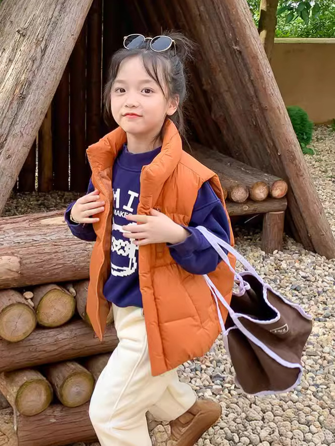 2024 New Children's Down Vest Men's and Women's Middle and Big Children's Vertical Collar Ware White Duck Down Outer Wearing Vest