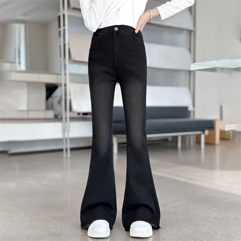Girls' Spring and Autumn Pants 2025 New Korean Style Fashionable Frayed Hem Stretchy Flared Jeans Long Pants