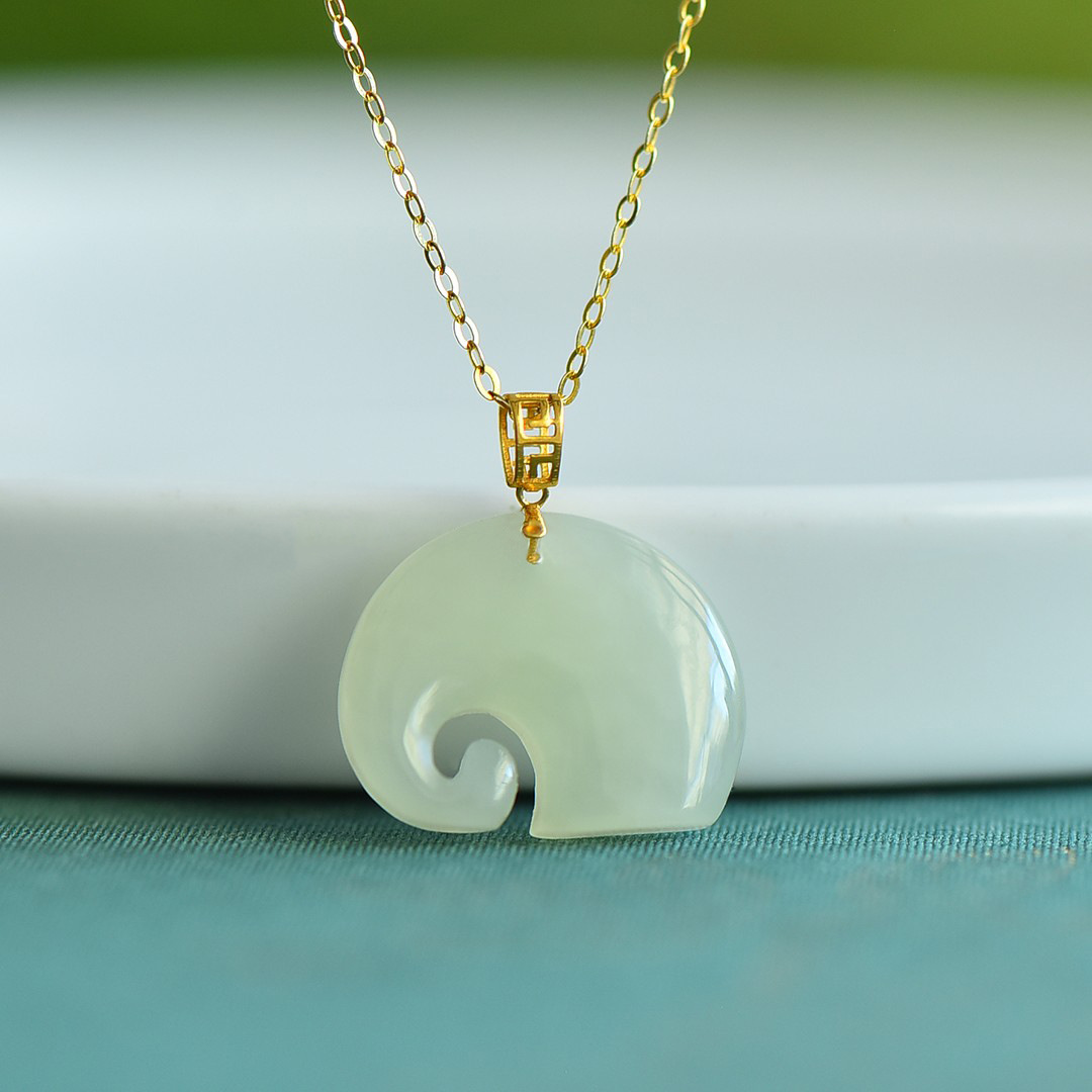 Certificate 18K Gold Buckle Hetian Jade Elephant Pendant National Tide Chinese Style Necklace Clavicle Chain Natural Jade Pendant for Women