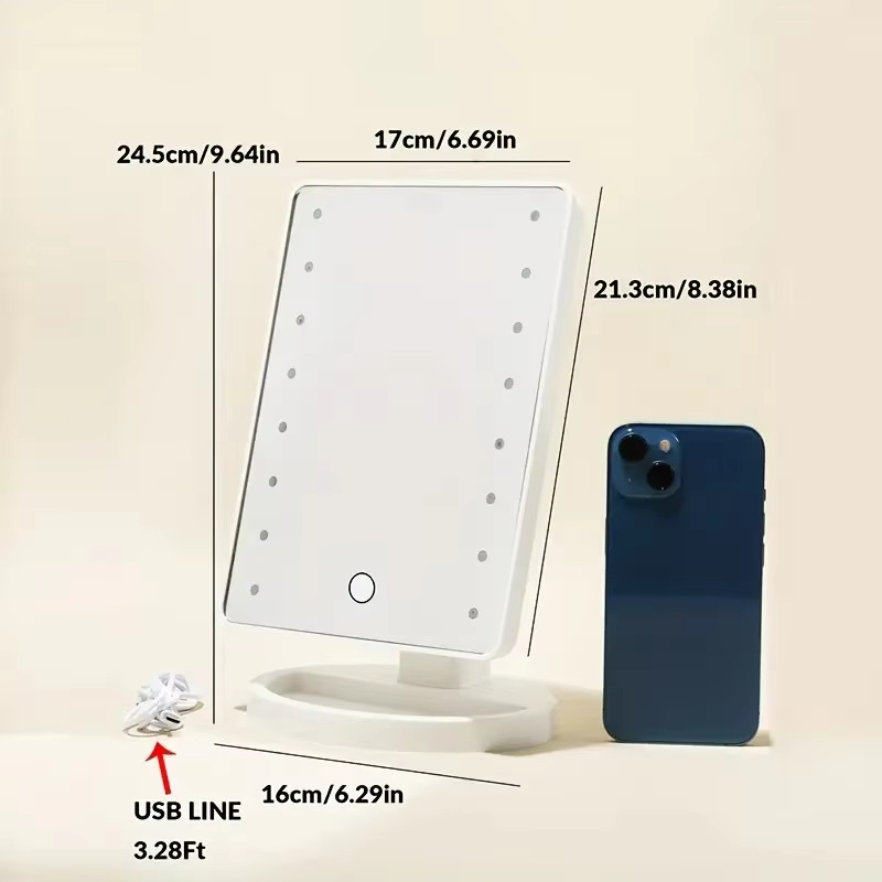 Portable Princess Mirror Wash Cleaning Makeup Beauty Mirror with Light Touch Screen Desktop LED Light Square Dressing Mirror