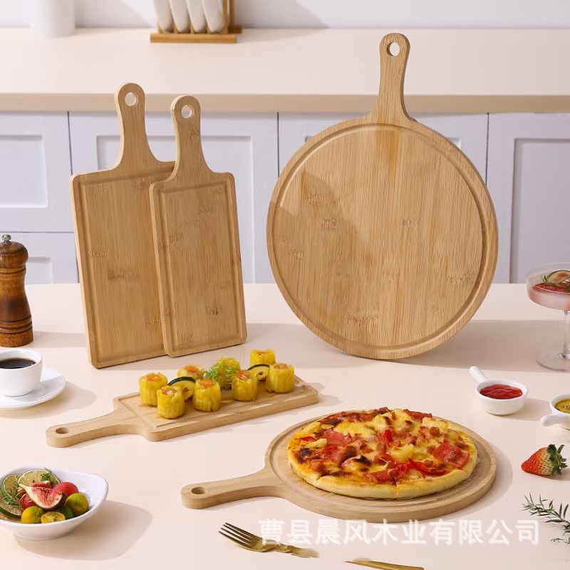 Creative Home Pizza Bamboo Tray Western Food Steak Solid Wood Tray with Handle Round Sushi Wooden Tray