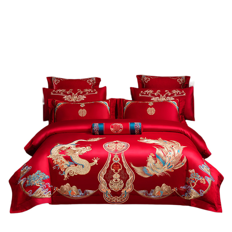 Red Chinese Wedding Embroidery Four-piece Cotton Bed Sheet Quilt Cover Wedding Bedding Cotton Nantong Home Textile
