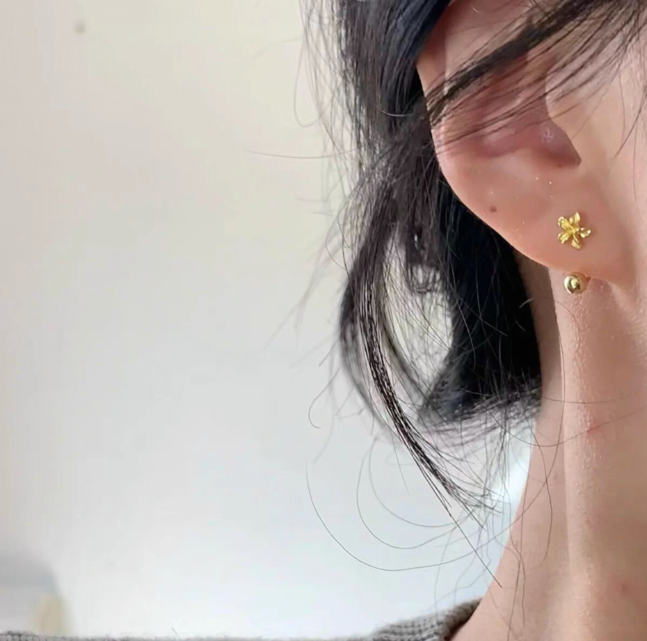 Two-belt style earrings petal screw earrings fairy temperament two-belt U-shaped rear hanging earrings niche design