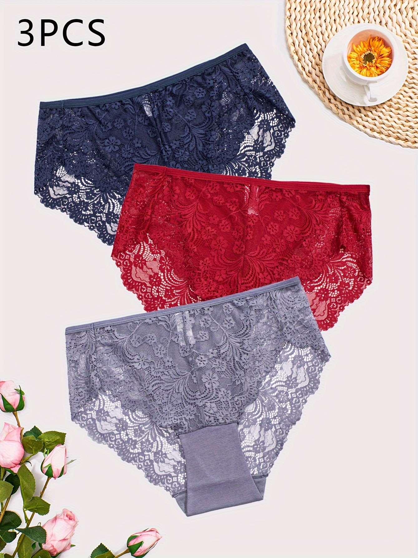 3Pcs Women's Sexy Panties Set, Plus Size Contrast Lace High