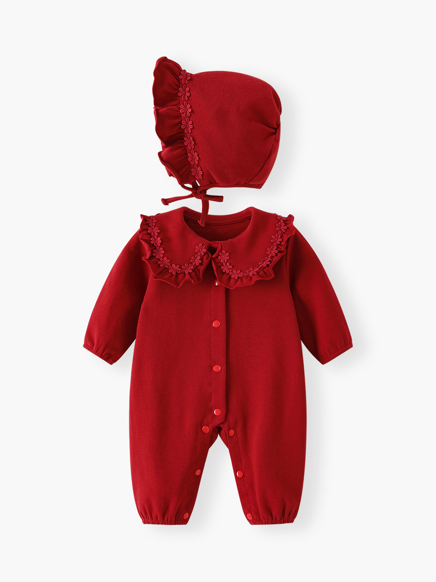 Baby Jumpsuit, Autumn Long-Sleeved New Breathable Newborn Clothes, Red Long-Sleeved A-Class Full-Month Baby Clothing