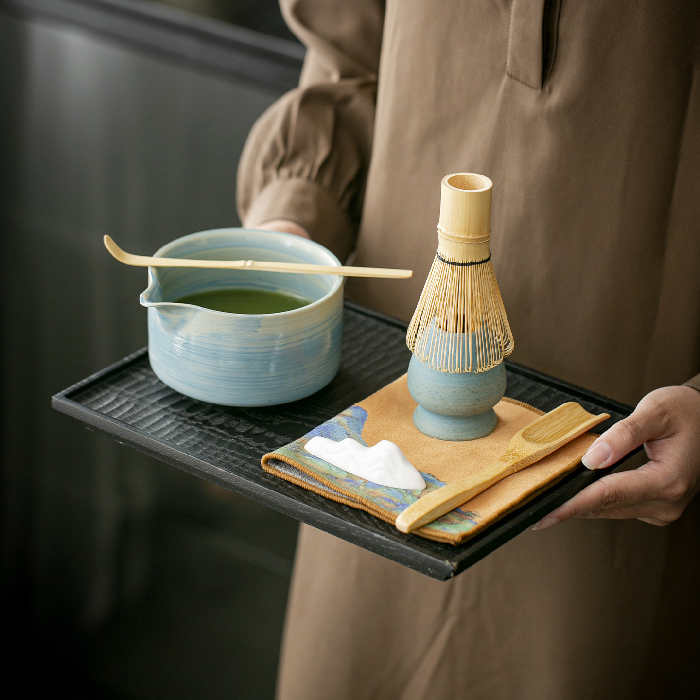 Japanese-Style Matcha Bowl with Spout, Ceramic Tea Whisk, Matcha Brush, Song Dynasty Tea Art Set