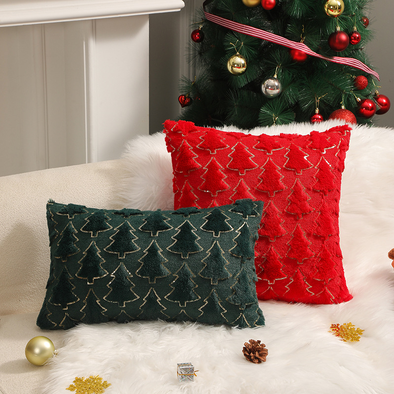 Cross-border Hot Sale Christmas Pine Pattern Plush Backrest Pillowcase Bedroom Sofa Rest Cushion Cover No Core