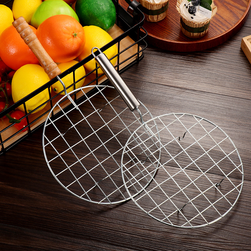 Round Stainless Steel Handle Barbecue Mesh Outdoor Camping Style Picnic Grilled Fish Barbecue Fence Bold with Handle Barbecue