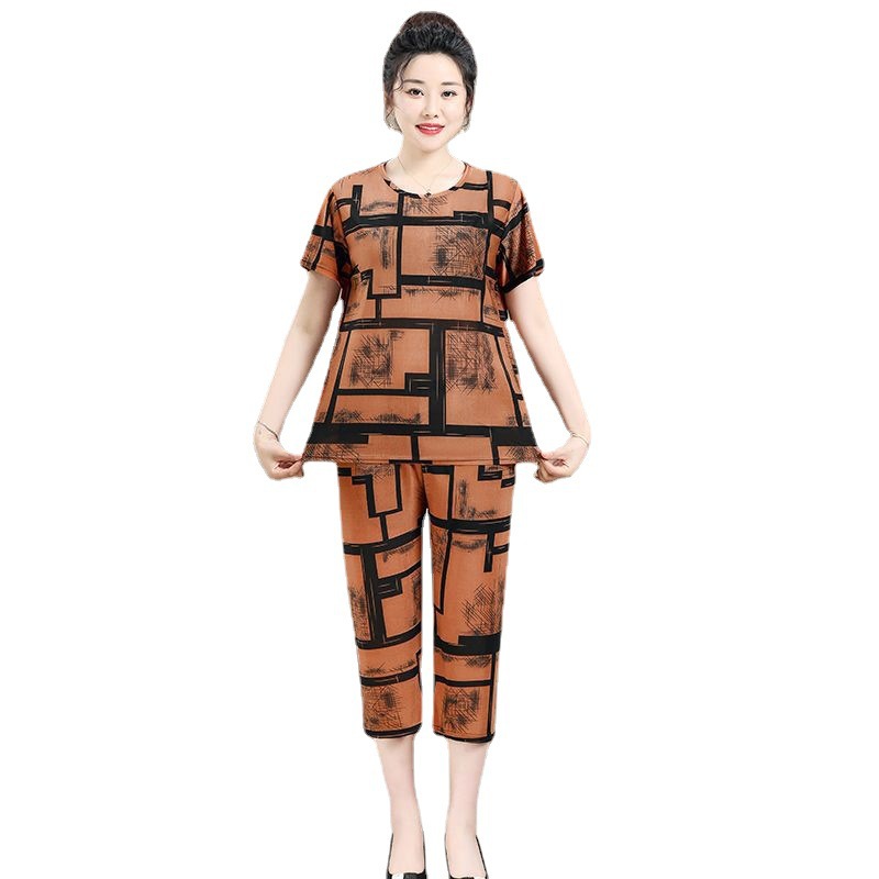 Mother Pajamas Old Lady Summer Clothes Middle-aged and Elderly Mother Clothes Summer Women's Short-sleeved T-shirt Suit Grandma Clothes