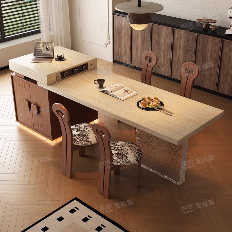 Medieval Style Island Table Integrated Dining Table for Home Retractable High-Grade Travertine Slate Guide Table Kitchen Open Counter