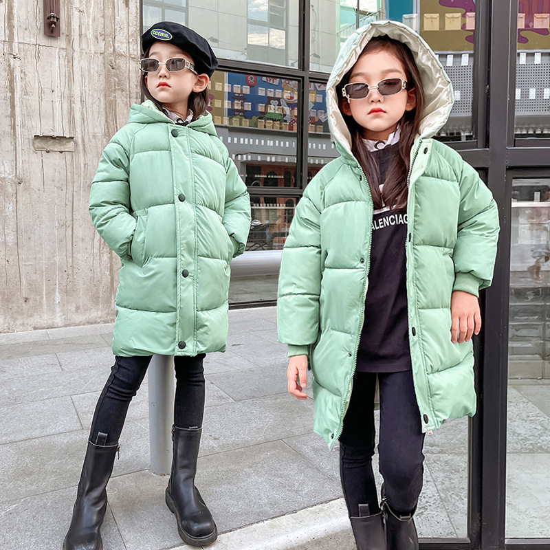 Cross-Border Cotton Clothing Pure Color Small and Medium-Sized Children's Boys and Girls Hooded Mid-Length Cotton Jacket Autumn and Winter Children's Classic Mid-Length Jacket