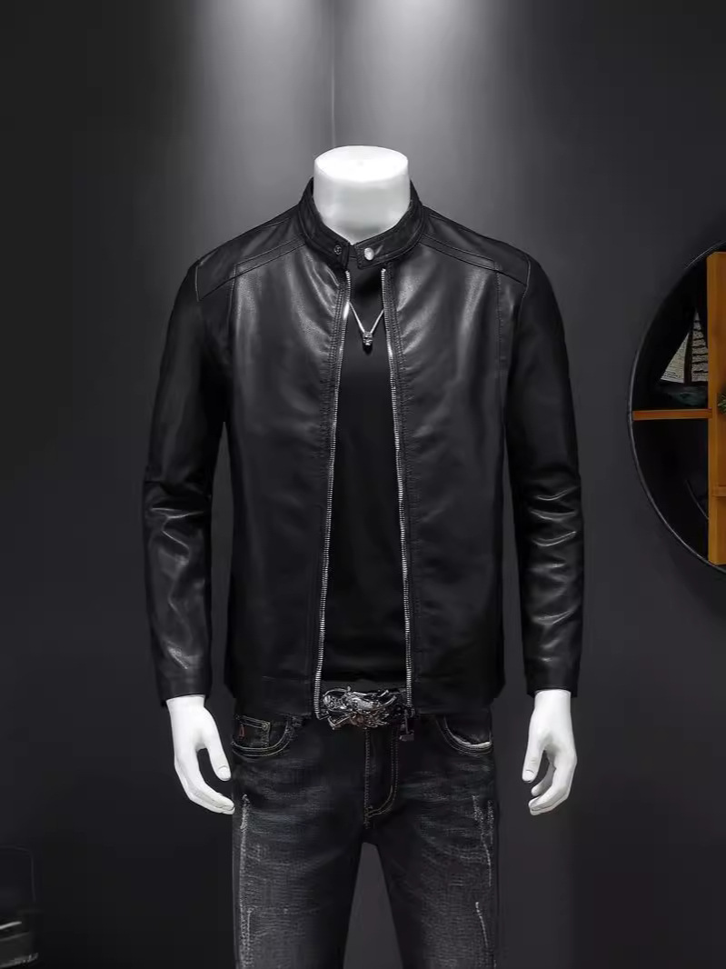 Cross-Border Men's Motorcycle Leather Jacket 2025 New Stand-Up Collar Leather Jacket Casual Velvet Thickeneded Slim Leather Jacket