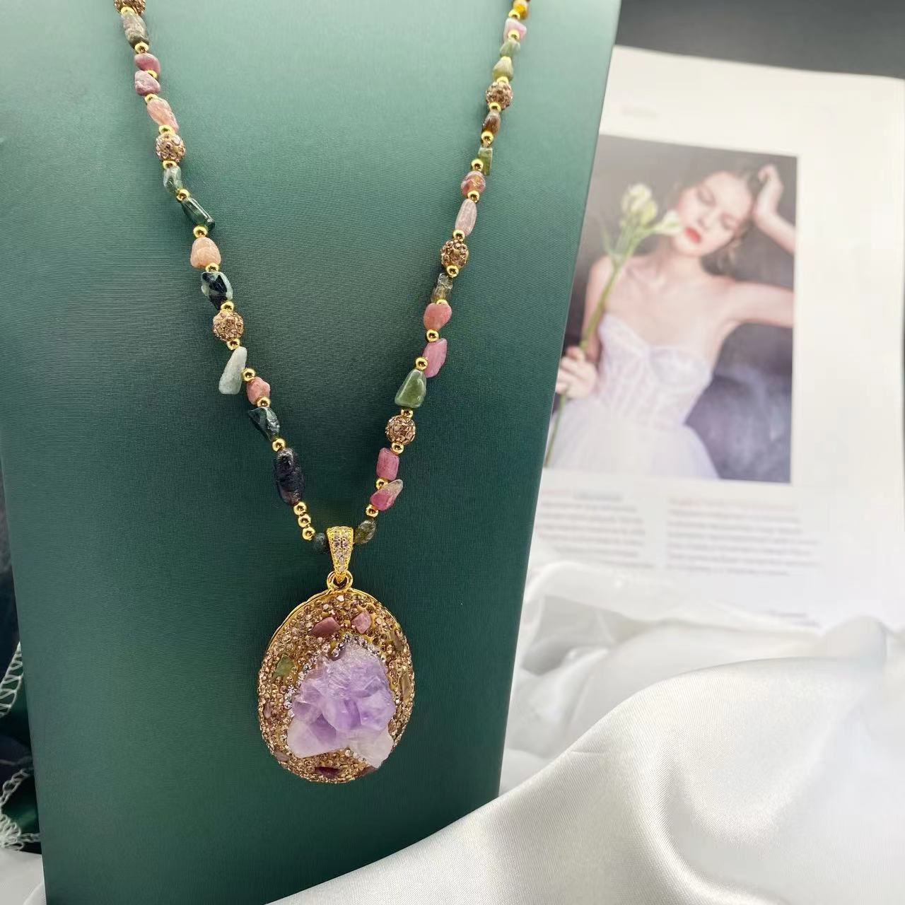 Natural Purple Ore Crystal Tourmaline Necklace Women's Design Niche Light Luxury Clavicle Chain Factory Direct Wholesale