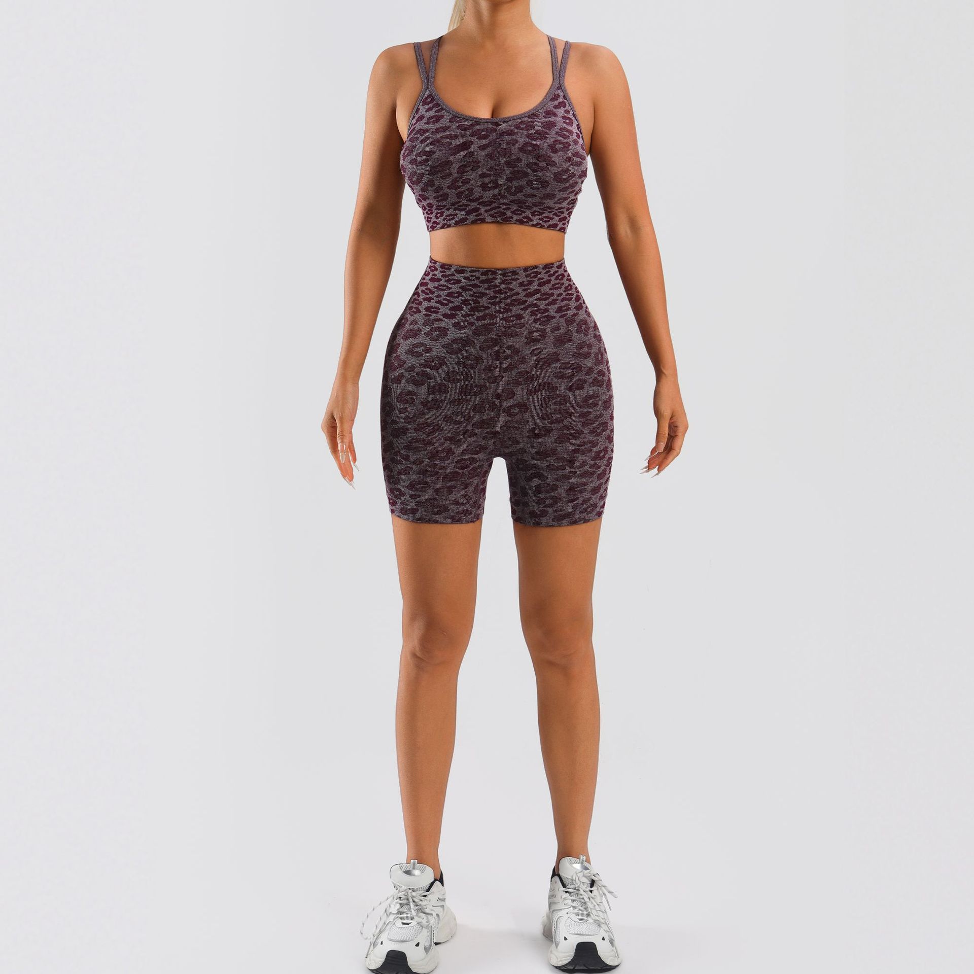 Amazon Leopard Print Tight Seamless Yoga Suit Women's Cross Gather Back High Waist Stretch Peach Hip Fitness Shorts