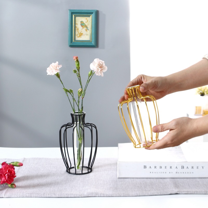 Creative metal plating metal glass hydroponic vase living room dining table wrought iron vase decorative home flower bottle
