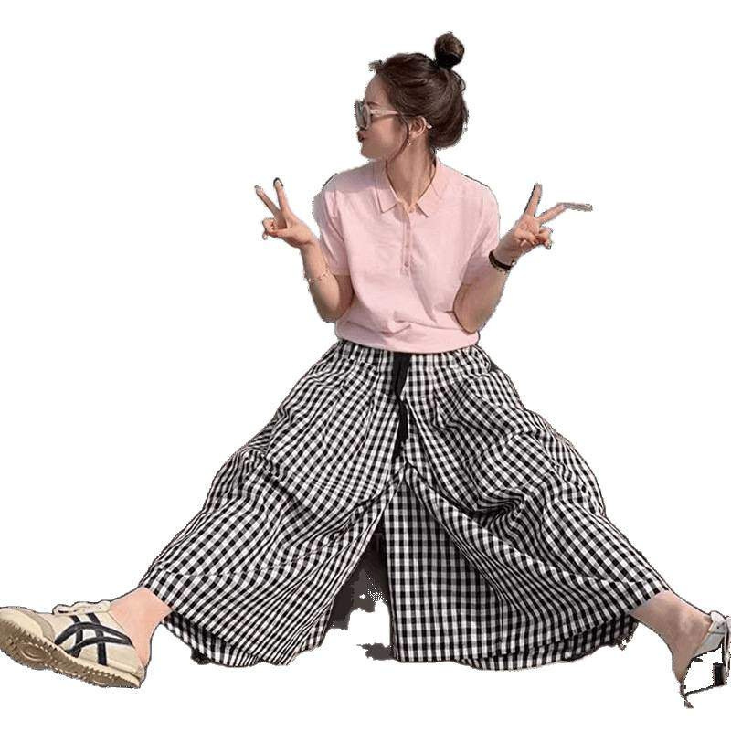 Plus-Size Plaid Skirt Pants for Women, Summer Thin High-Waisted Slimming Loose Casual Pants Skirt 150kg for Chubby mm