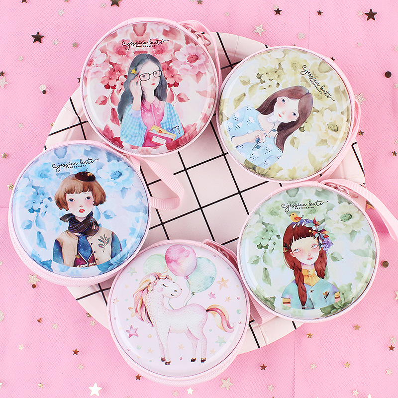 K-Style of Christmas and New Year Tinplate Storage Box Iron Round Coin Purse Cartoon Animal Mini Key Headphone Bag
