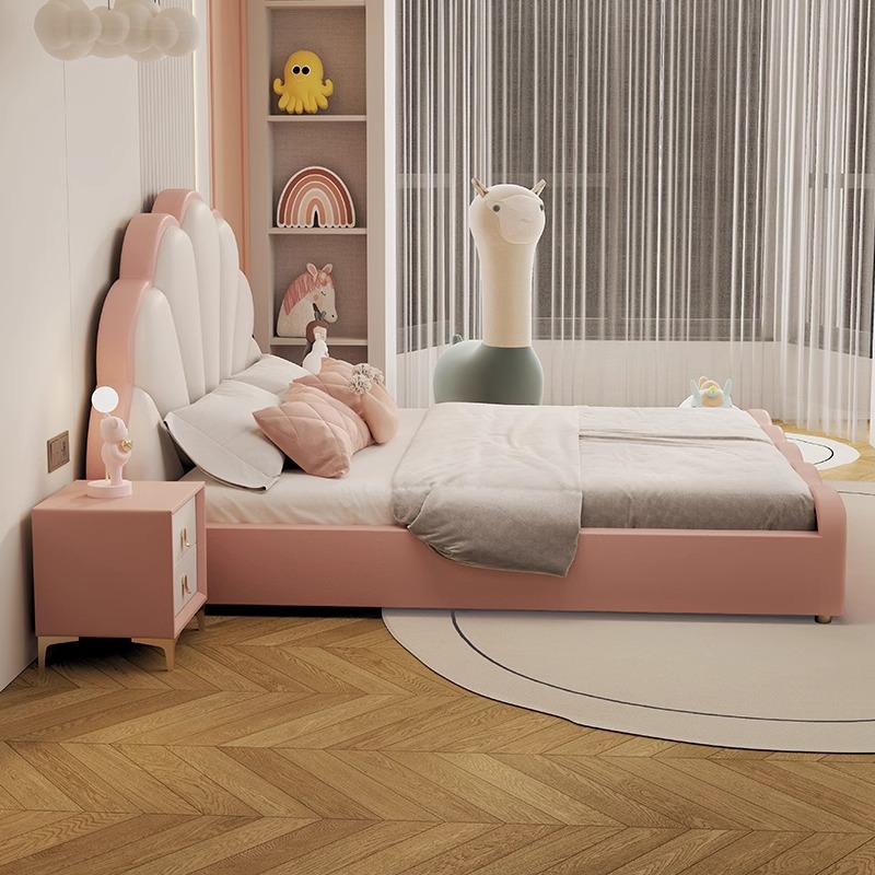 Children's Bed Girl European Accessible Luxury Petal Princess Bed Bedroom Modern Simple Boy Solid Wood Soft Bag Single Leather Bed
