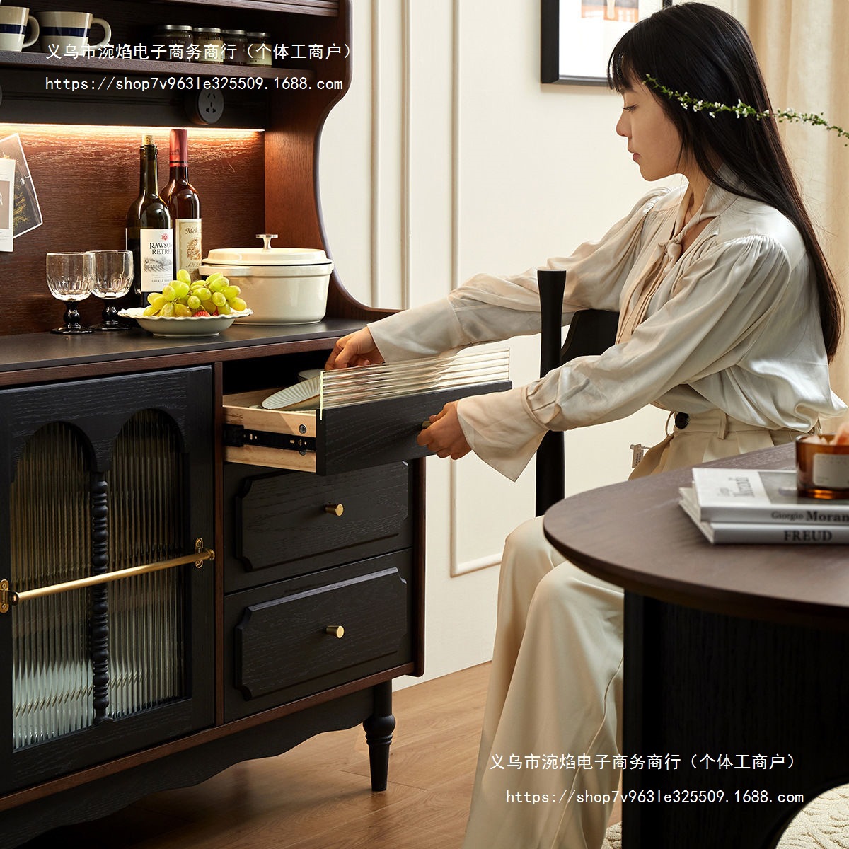 French Retro Large Capacity Fashionable Simple Solid Wood Sideboard Cabinet Living Room Wall Storage Cabinet Cabinet Home Kitchen