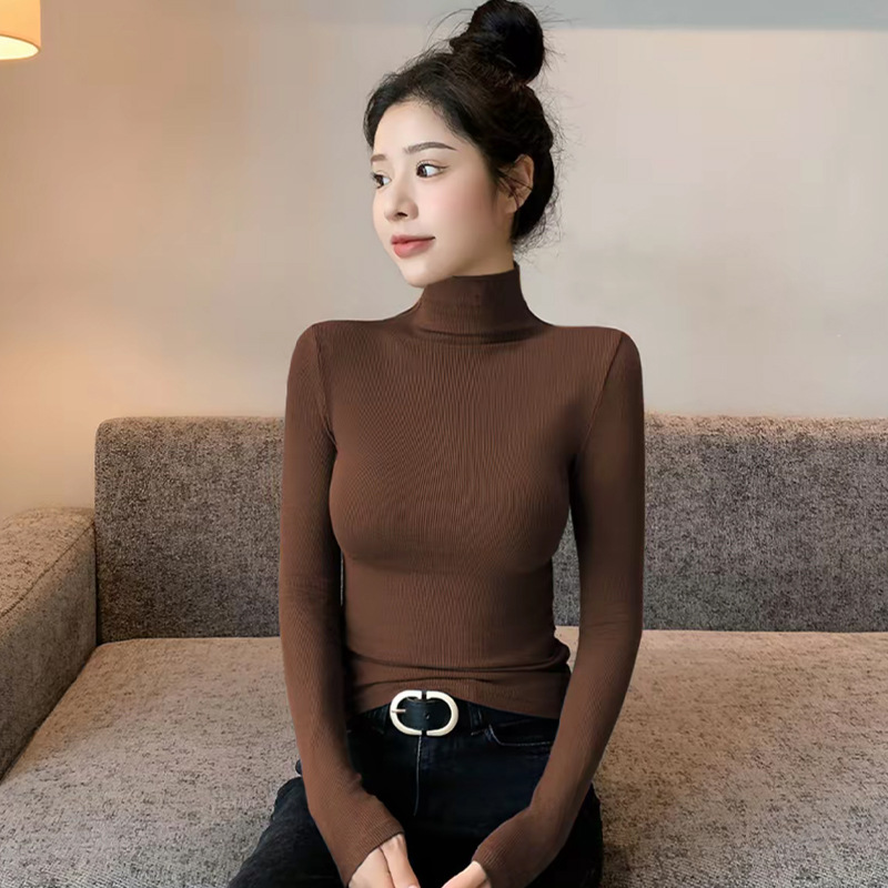 Dark Gray High-Neck Ribbed Base Shirt for Women, Early Spring New Slim-Fit Solid Color Versatile Stylish Long-Sleeve Women's T-Shirt