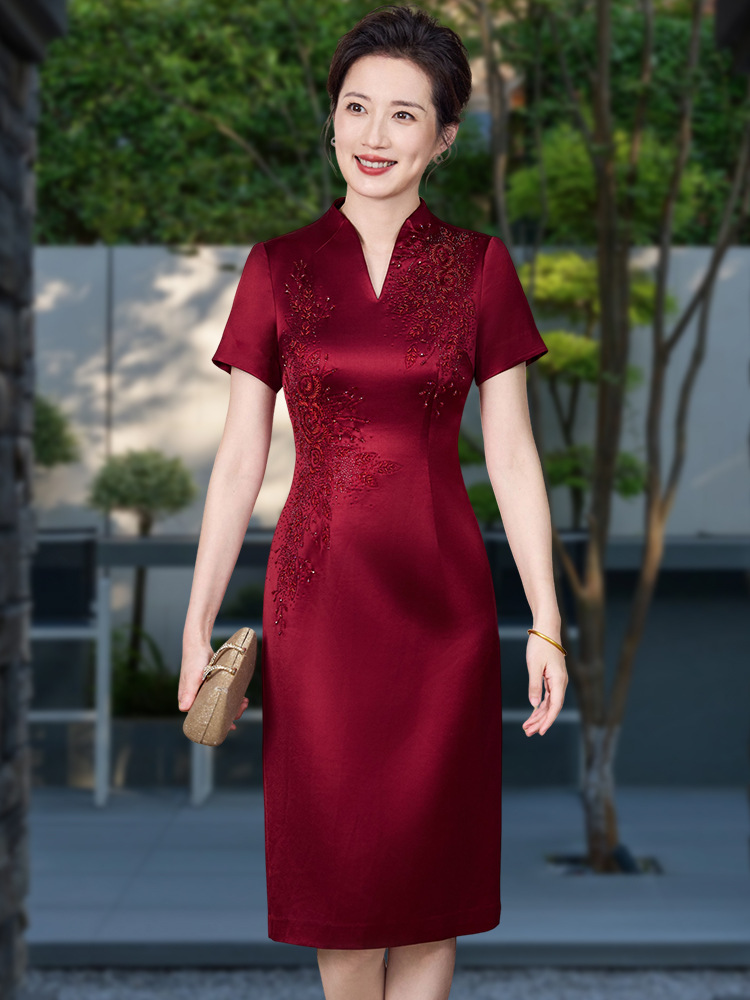 Средняя длина свадебного платья для мамы, летнее, короткий рукав, ацетатный сатин, китайский стиль, платье для свекрови на банкет