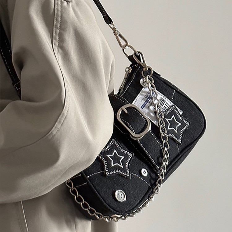 New Millennium Style Hot Girl Trendy Star Chain Bag Retro Denim Button English Denim Shoulder Armpit Bag