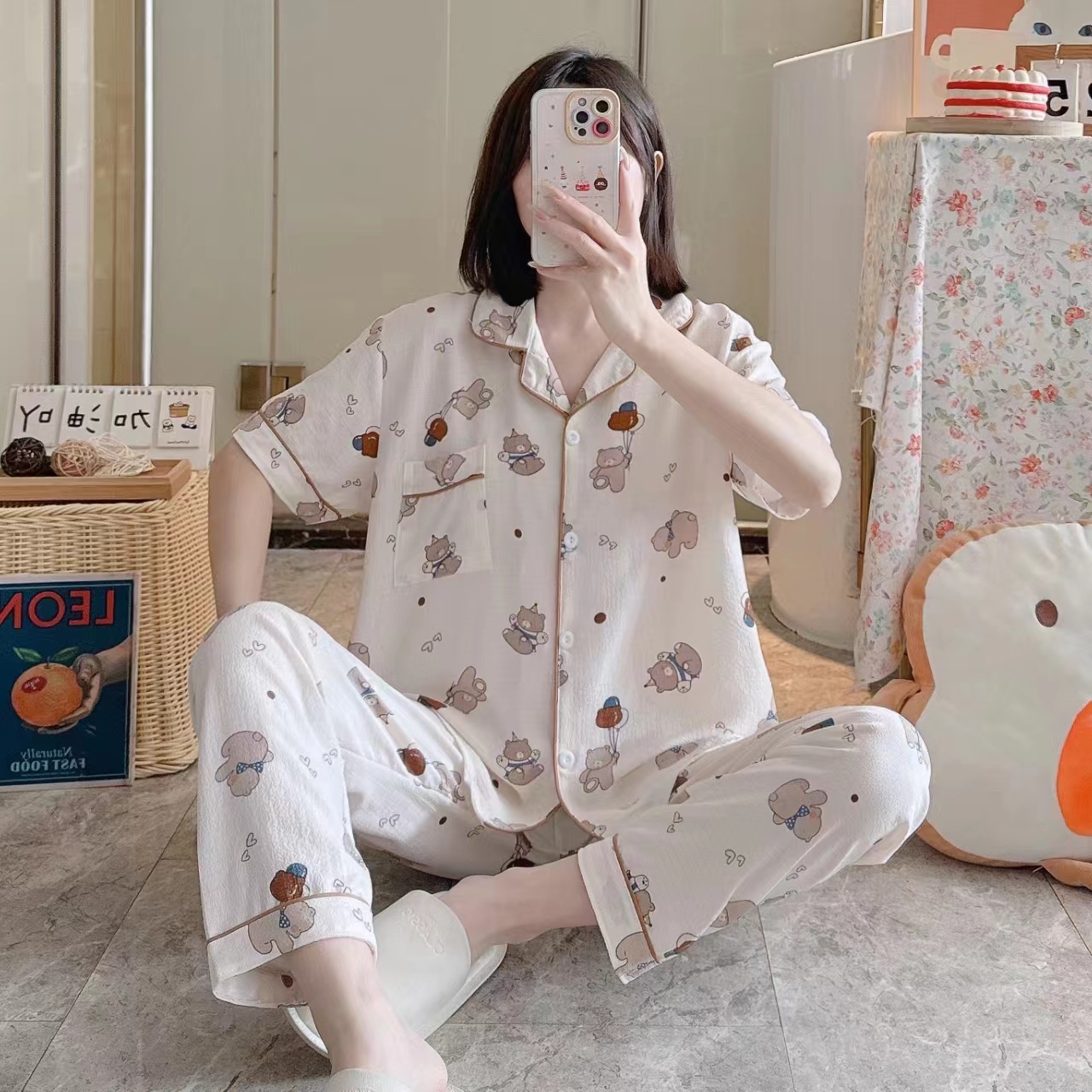 Woven Bubble Cloth Pajamas Women's Summer Cotton Short-sleeved Trousers Home Clothes Summer Thin Cotton Two-piece Suit