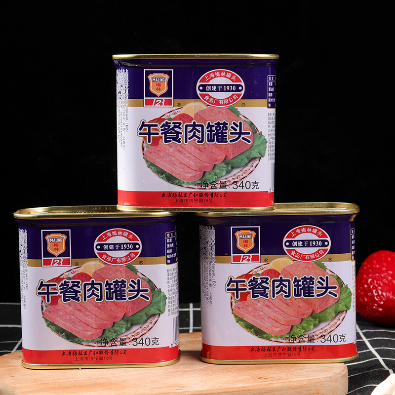 Shanghai Meilin Canned Lunch Meat 340g Spicy Hot Pot Catering Ingredients Convenient Instant Canned Pork Wholesale