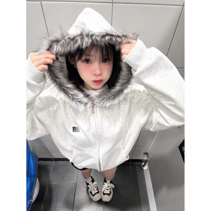 Pomegranate American Retro Fur Collar Cardigan Hooded Sweatshirt for Women Spring and Winter Couples Versatile High-End Fashion Jacket Trend