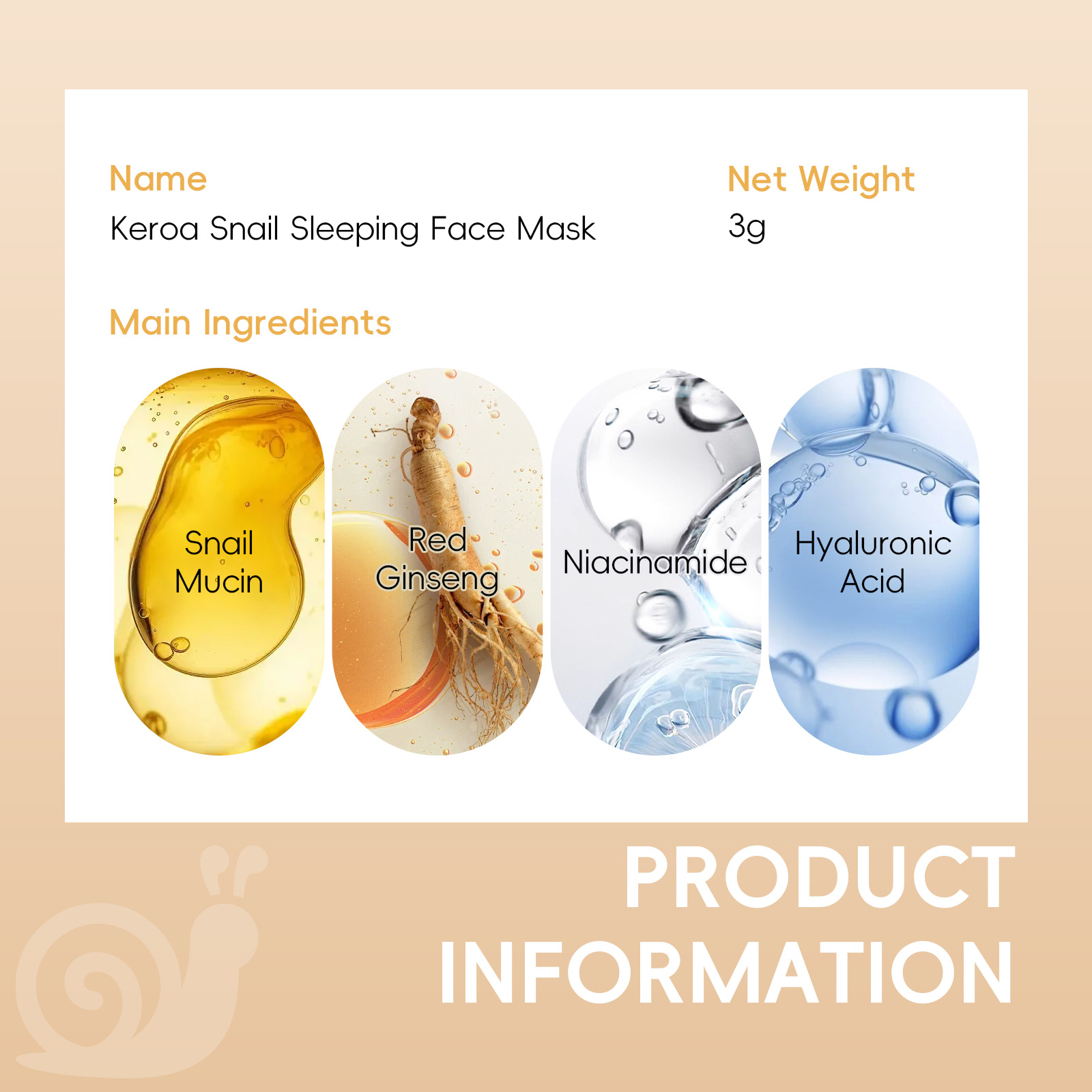New All-English Sleeping Mask Laikou Korean Snail Sleeping Mask Sheet 3g Sleepingfacialmask