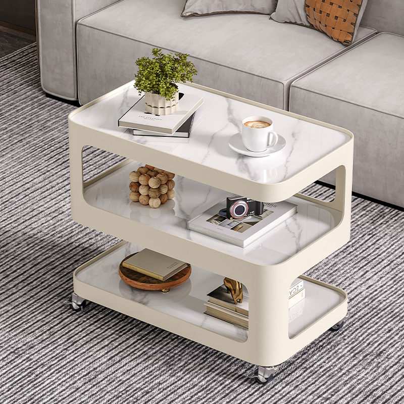 Nordic Style Cream Style Wheeled Removable Side Table Rock Plate Light Luxury Living Room Sofa Cyber Celebrity Coffee Table Mini Corner Table Tea Table