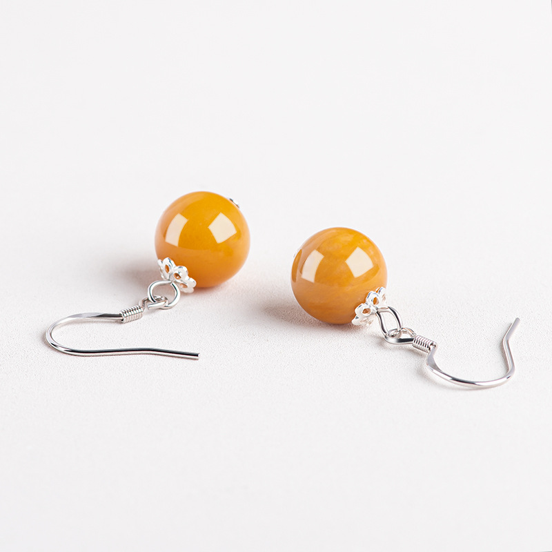 Natural Xinjiang Golden Silk Jade Round Bead Earrings S925 Silver Inlaid Jade Stone Fashion Women's Earrings Earrings Ethnic Style