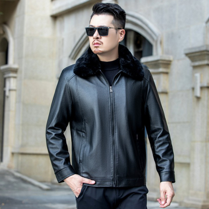 Fur Collar Leather Jacket Men's Winter Middle-aged and Elderly Coat fleece-lined Thickened Motorcycle PU Leather Jacket Warm Middle-aged Dad's Clothes