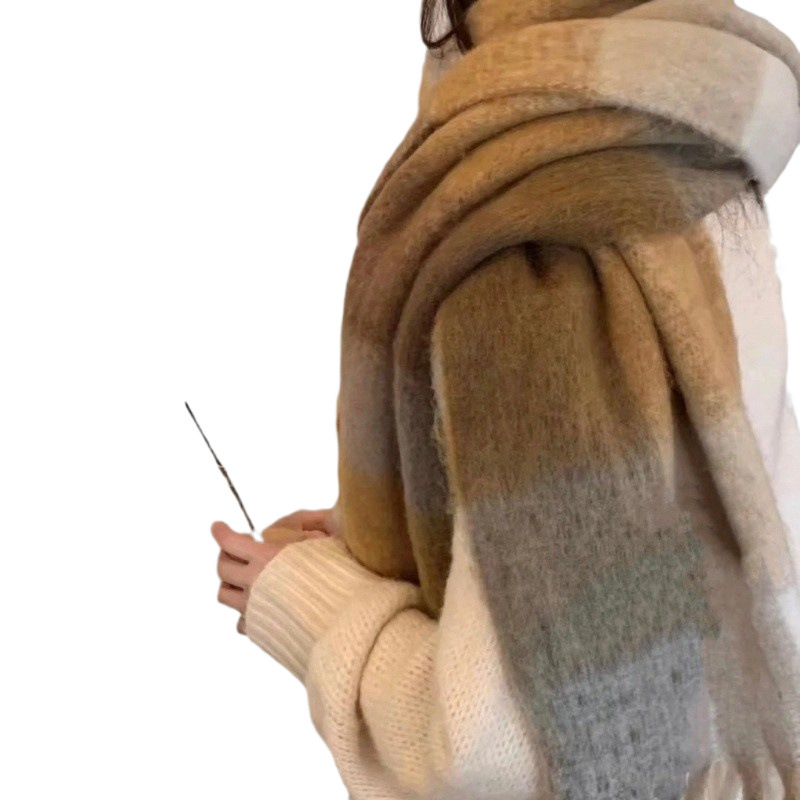 Autumn and winter new thick warm rainbow color plaid scarf European and American loop yarn thick tassel color matching shawl